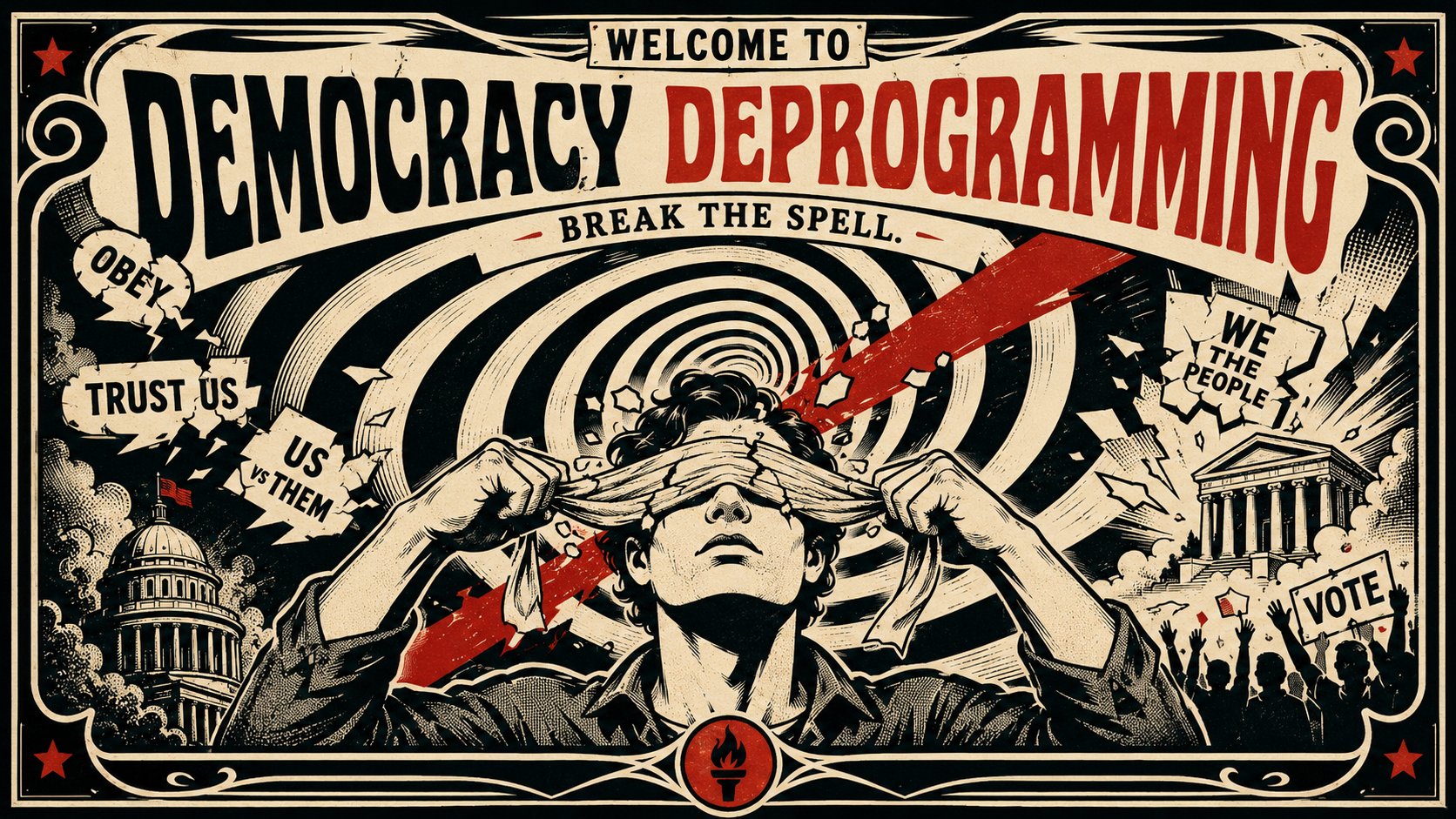 Democracy Deprogramming editorial artwork