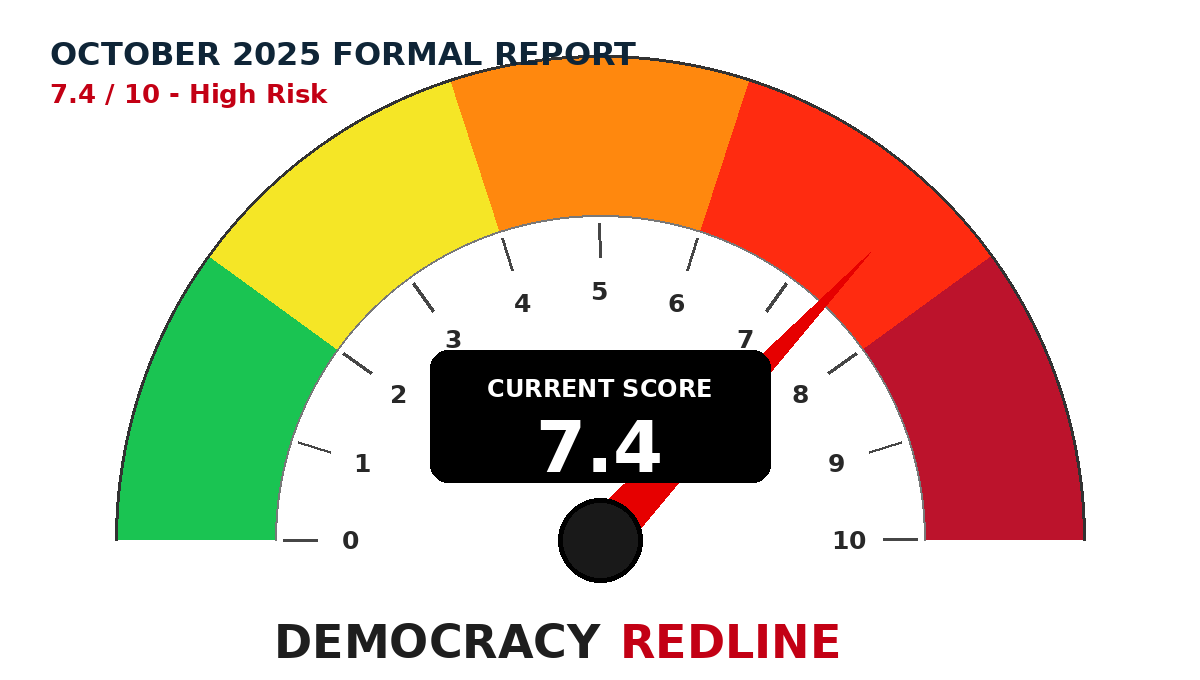 Democracy Redline dial showing the October 2025 score of 7.4 out of 10.